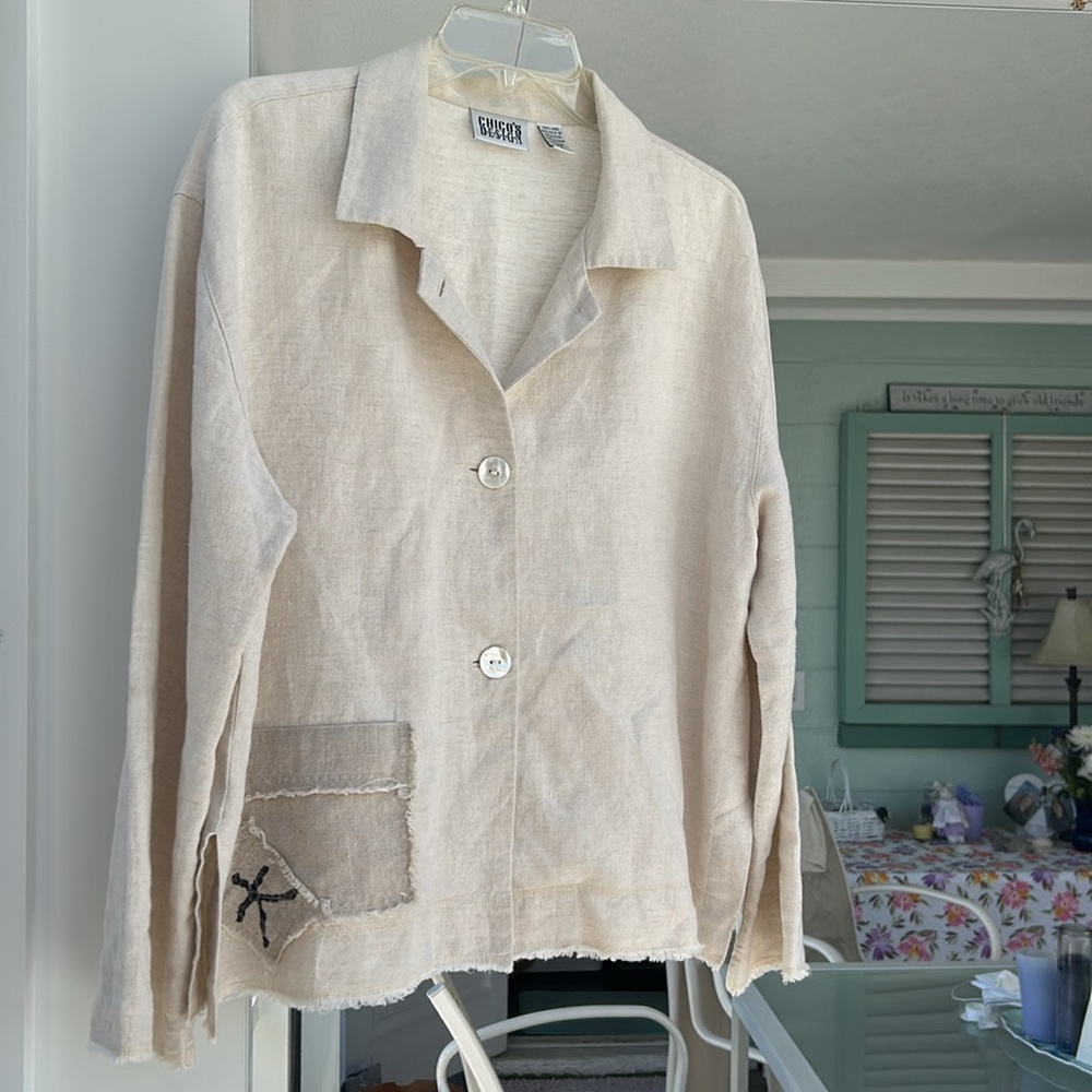 CHICO’S DESIGN Button-Up Jacket with Patch Detail Size 2 💯 % LINEN - Picture 9 of 15